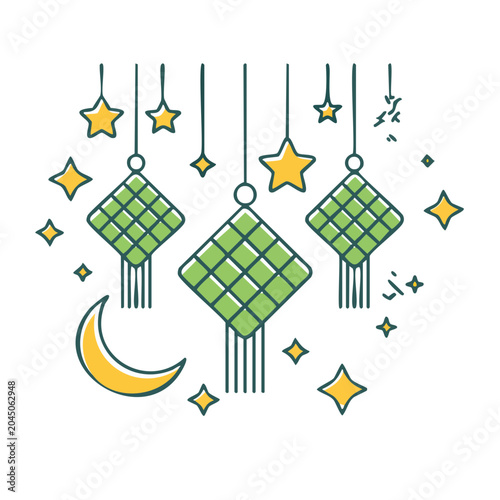 Flat design ketupat decoration with moon and stars