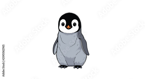 Cute baby penguin standing alone on a white background, featuring fluffy gray feathers and an adorable character design.