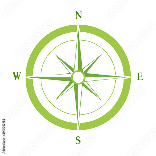Green compass rose icon with N, S, E, W directions