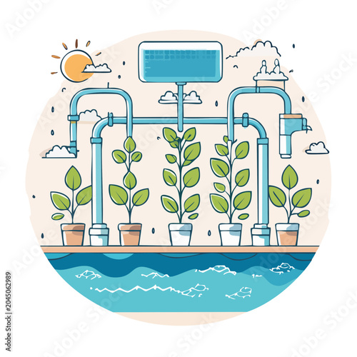 Hydroponic garden with plants growing in pots and pipes