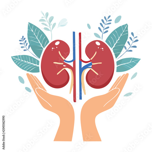 Illustration of kidney health and care with hands and leaves