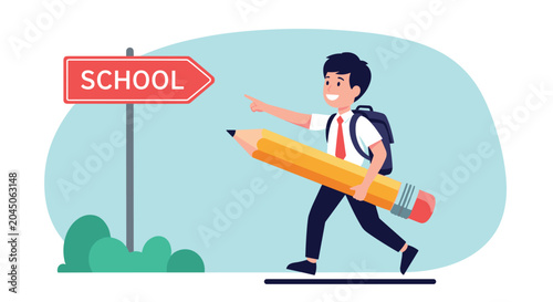 Joyful schoolboy wearing a backpack and carrying a giant pencil while pointing toward a red school directional sign on a blue path.