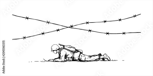 Photos Soldier crawling under barbed wire