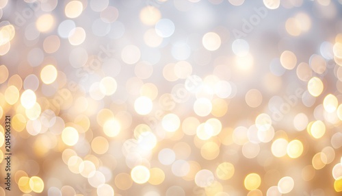 Softly blurred golden and white bokeh lights create a magical and dreamy background effect for festive occasions and celebrations