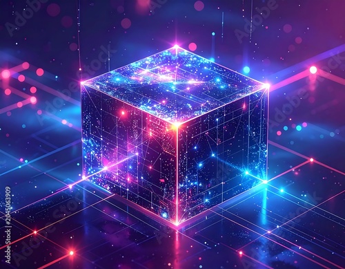 Glowing Futuristic Digital Cube Floating in Neon Cosmic Network Space