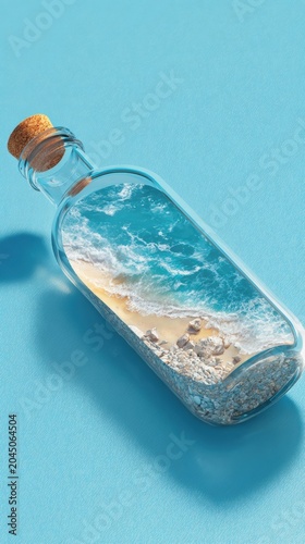 Ocean beach waves captured inside glass bottle with cork