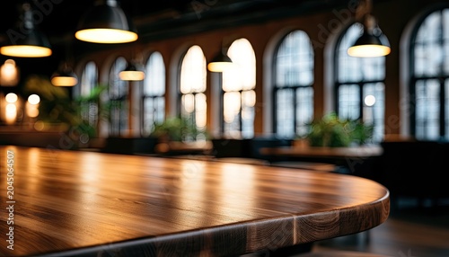 Warm, polished wooden table in a dimly lit, arched-windowed dining area