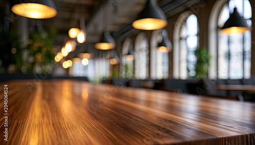 Warm, polished wood table in a softly lit, modern dining establishment