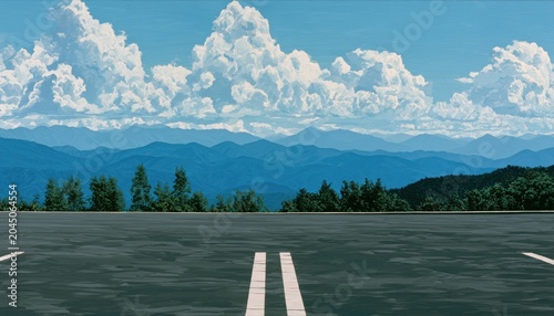 Expansive landscape with a paved foreground, rolling hills, and distant blue mountains under a cloudy sky