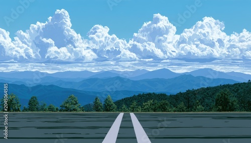 Open road with rolling mountains and fluffy clouds under a blue sky