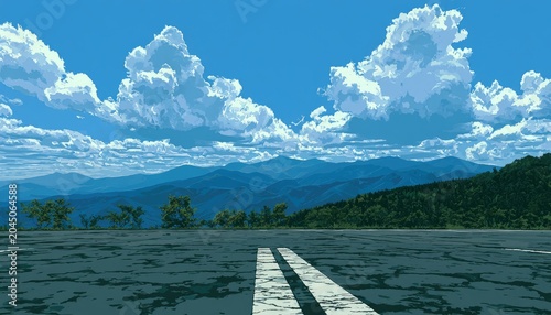Expansive sky above a paved surface with distant, blue-hued mountains