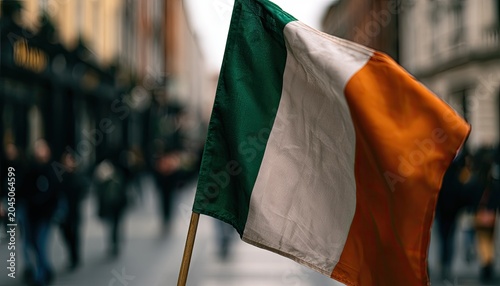 Vibrant tricolor flag waving, blurred street scene, people walking