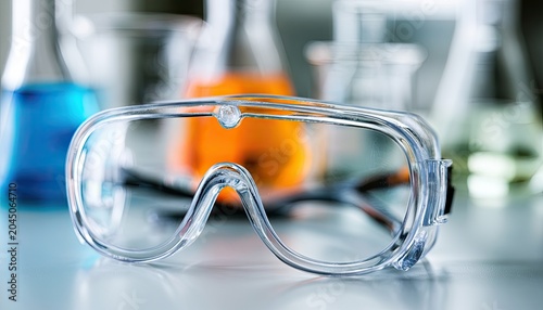 Clear safety goggles resting on a lab bench with blurred glassware