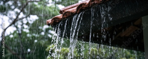 Heavy rain cascades off a tiled roof edge, blurring green foliage