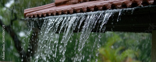 Water cascades down a tiled roof edge during a rain shower