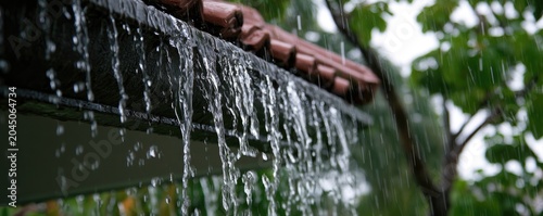 Downpour cascades from roof edge into lush, green foliage below