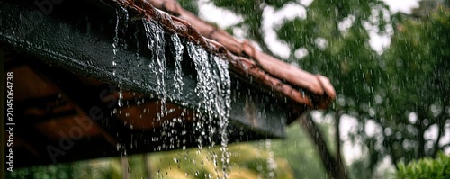 Heavy rain cascades off a dark roof gutter into a blur of green foliage