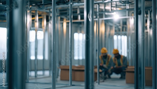 Two construction workers in hard hats are focused on their work in a metal-framed interior