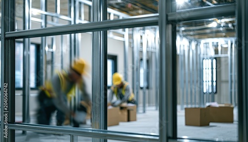Framed interior view of construction workers on site, with metal studs