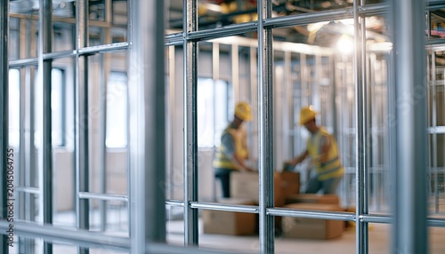 Two builders work on framing a new interior space in a construction zone