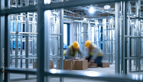 Unfinished interior with workers in hard hats setting up boxes