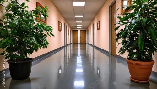 Illuminated hallway with lush plants flanking mirrored doors and overhead lights
