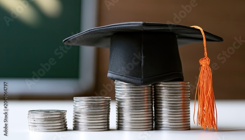 Graduation cap atop stacked coins, symbolizing education costs and funding