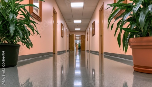 Long, well-lit corridor with doors and plants, reflecting light