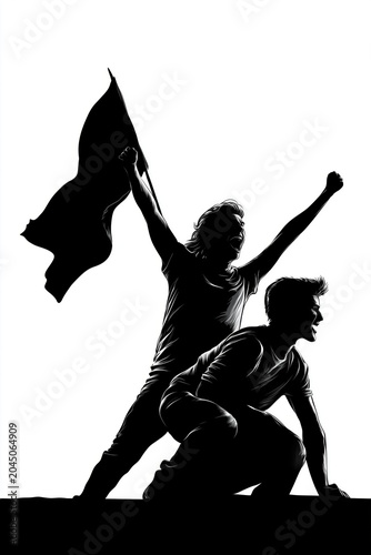 Two young men celebrating victory with raised fists and flag silhouette against white background in triumphant energetic pose