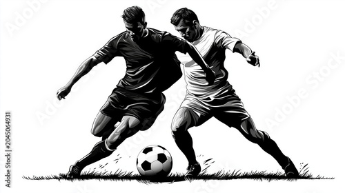 Dynamic action scene of two soccer players competing fiercely for ball possession on grassy field in black and white illustration style