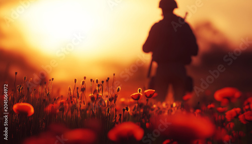 Cold morning light over vibrant poppy field in bloom, showcasing red flowers with detailed textures. Blurred silhouette of soldiers squad in uniforms, helmets and rifles contrasting beauty and duty.