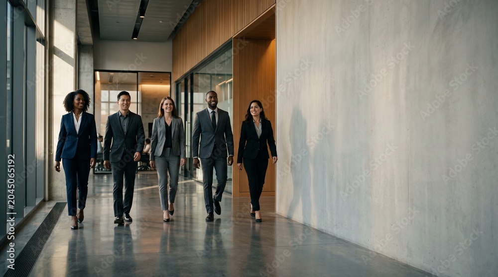 Fototapeta premium Diverse group of business professionals walking down a modern office hallway