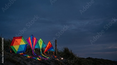 Colorful kites resting on a sandy dune under a dark cloudy sky at dusk