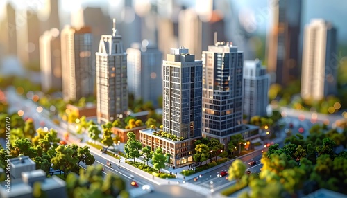 Modern High Rise Buildings Clustered in Miniature Urban City Model
