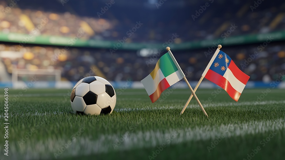 Fototapeta premium Soccer ball on grass with crossed flags of Ireland and Georgia in a professional stadium background
