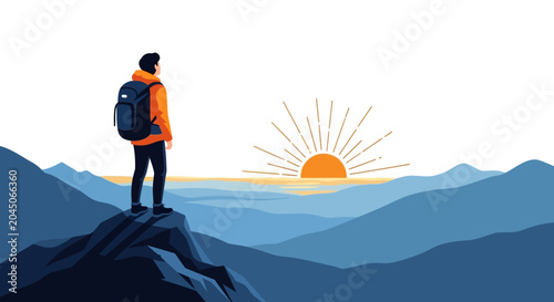 Hiker with Backpack Standing on Mountain Peak Watching Sunrise, Minimalist Flat Illustration of Adventure, Achievement, and New Beginnings