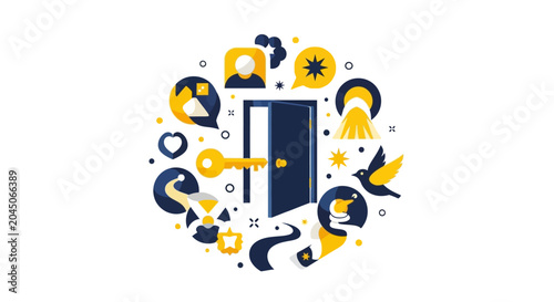Abstract Business Concept of Opportunity and Success with Open Door, Key, and Symbols - Vector Illustration