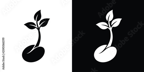 Fotografie Simple plant seedling sprouting upwards directly from a small seed, black and white minimalist logo