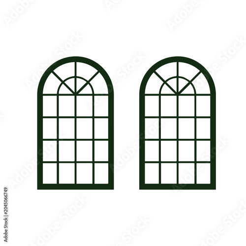 Set of two arched vintage with wooden frames architecture casement building exterior structure traditional construction interior residential renovation historic symmetry sunlight