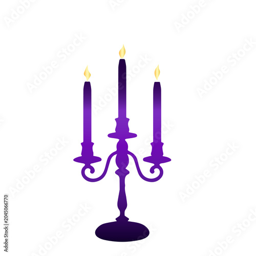 Purple candelabra with three lit candles glowing candelabra decoration brightness ceremony romantic silhouette lighting celebration candlelight ornamental luxurious interior tabletop