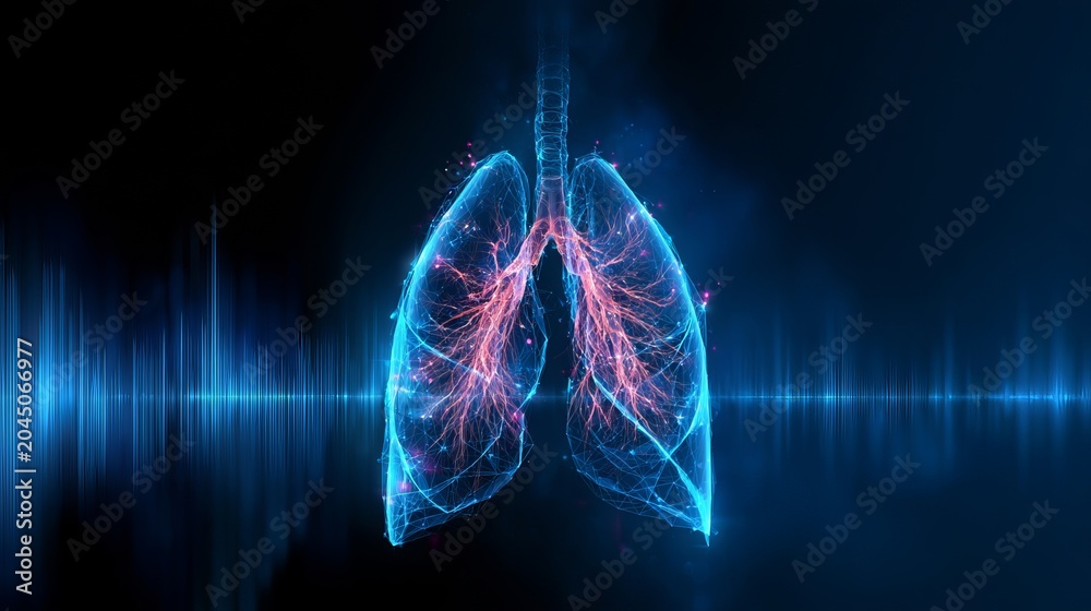 Fototapeta premium A medical illustration of human lungs with a vibrant blue and pink glow on a dark background with sound waves