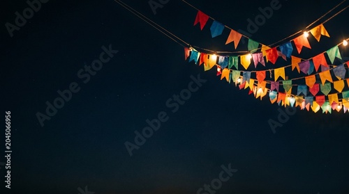 Colorful party flags and lights strung across a dark night sky with stars