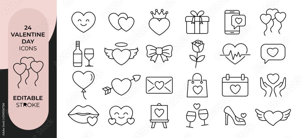 Fototapeta premium Valentines day icons set with editable stroke