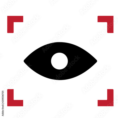 Abstract eye symbol icon framed by red corner markers representing vision and focus with observation minimalist detection perception awareness identity biometric security illustration