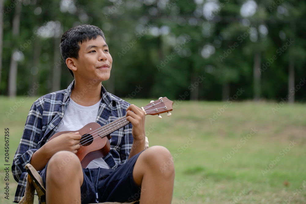 Fototapeta premium The boy is playing the ukulele on the lawn in the park.