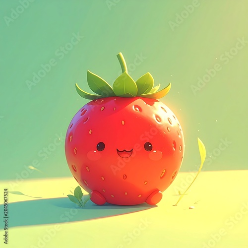 Cute Red Strawberry Character Smiling on Soft Green Background