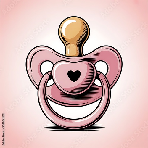 A smiling pink pacifier with a heart on it is shown close-up.