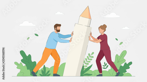 Slika na platnu Teamwork and collaboration concept with man and woman pushing large pencil