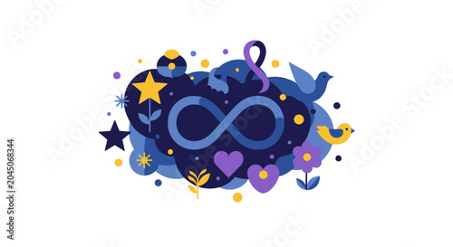 Abstract Infinity Symbol Illustration with Stars, Hearts, and Birds; Concept of Eternity, Love, and Neurodiversity in Flat Design