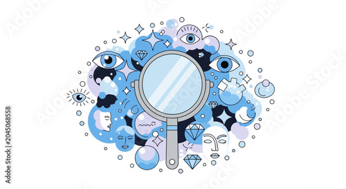 Abstract Concept of Self-Reflection and Identity Illustration with Mirror, Eyes, and Faces for Psychology and Mental Wellness